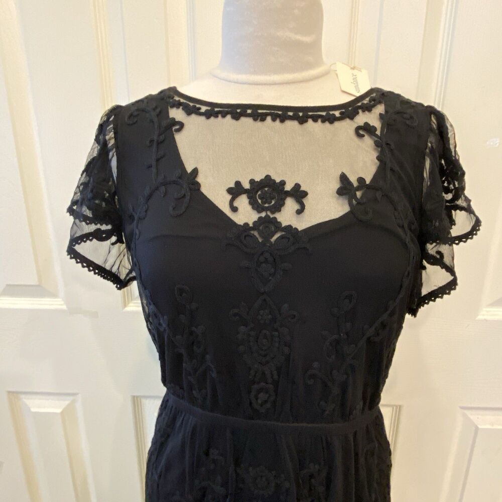 NWT $298 Sundance Mayfield Black Embroidered Tule Sheer Maxi Dress Sz M - Picture 2 of 6